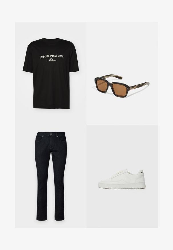 Black cotton T-shirt featuring a round neckline, short sleeves, and "EMPORIO ARMANI" logo in white above "Milano" in a curved design.; Dark denim jeans with a straight leg design, featuring front pockets, a button closure, and contrasting stitching. No visible patterns or wear.; White leather sneaker with a smooth finish, round toe, flat laces, and a textured sole. Features a subtle logo on the heel.; Plastic sunglasses with a tortoiseshell pattern, octagonal brown lenses, and thin gold hardware accents on the frame.