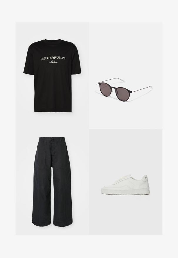 T-shirt in cotone nero con scollatura rotonda, maniche corte e logo "EMPORIO ARMANI" in bianco sopra "Milano" in una disposizione curva.; Pantaloni neri a gamba larga realizzati in tessuto canvas con chiusura a bottone, dotati di due tasche frontali e una vestibilità rilassata.; Sneaker in pelle bianca con una finitura liscia, punta rotonda, lacci piatti e suola testurizzata. Presenta un logo discreto sul tallone.; Occhiali da sole neri rotondi con lenti scure e sottili bracci in metallo. Include punte trasparenti e accenti argentati alla cerniera. Design minimalista.