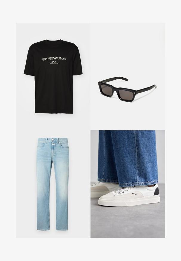 Tricou negru din bumbac cu guler rotund, mâneci scurte și logo-ul "EMPORIO ARMANI" în alb deasupra cuvântului "Milano" într-un design curbat.; Jeans din denim de un albastru deschis, cu un croi drept, având un design clasic cu cinci buzunare și închidere cu nasture.; Adidași albi și negri, cu un superior din piele netedă, accente texturate și o talpă albă groasă. Prezintă un design clasic cu șireturi.; Ochelari de soare negri, rectangul care au lentile întunecate, ramă din plastic gros, accente aurii pe brațe și logo-ul brandului gravat pe mâner.