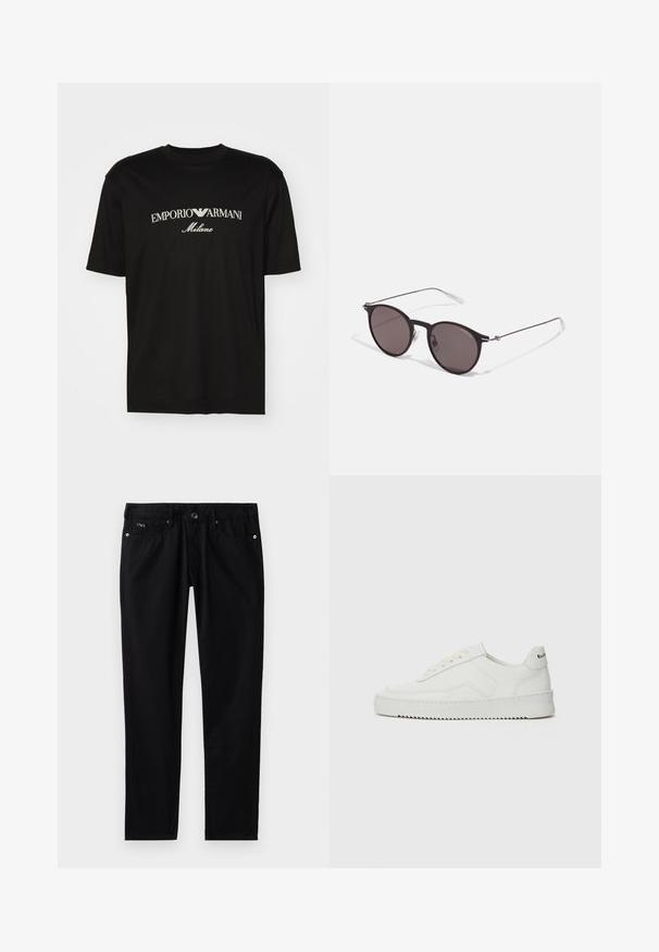 Musta puuvillapaita, jossa on pyöreä kaula-aukko, lyhyet hihat ja valkoinen "EMPORIO ARMANI" -logo, jonka yläpuolella on kaarevassa muodossa "Milano".; Musta puuvillahousut, joissa on kapea malli, etutaskut, napitus ja hienovarainen logo yksityiskohtana vyötäröllä.; Valkoinen nahkakenkä, jossa on sileä pinta, pyöreä kärki, tasaiset nauhat ja teksturoitu pohja. Sisältää huomaamattoman logon kantapäässä.; Musta pyöreä aurinkolasit tummilla linsseillä ja kapeilla metallikehyksillä. Sisältää kirkkaat temppelet ja hopeiset yksityiskohdat saranassa. Minimalistinen muotoilu.