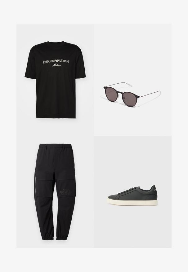 Sort bomulds T-shirt med rund halsudskæring, korte ærmer og "EMPORIO ARMANI" logo i hvid over "Milano" i et buet design.; Sorte cargo bukser med elastisk talje, der har flere sidelommer, en lynlåsdetalje og et diskret trykt logo på låret.; Sort lædersneaker med lav profil, rund tå og snørelukning; har en struktureret gummisål og logo-detalje på hælen.; Sorte runde solbriller med mørke linser og slanke metalarme. Inkluderer klare tempeltips og sølvdetaljer ved hængslet. Minimalistisk design.
