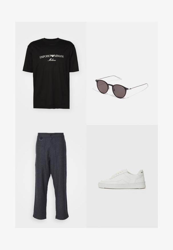 Zwarte katoenen T-shirt met een ronde halslijn, korte mouwen en het "EMPORIO ARMANI" logo in het wit boven "Milano" in een gebogen ontwerp.; Grijze wollen broeken met een relaxte pasvorm, met twee voorkruiszakken, een knoopsluiting en een metalen ringaccent op de tailleband.; Witte leren sneaker met een gladde afwerking, ronde neus, platte veters en een gestructureerde zool. Kenmerkt zich door een subtiel logo op de hiel.; Zwarte ronde zonnebril met donkere lenzen en slanke metalen armen. Inclusief heldere tempelpunten en zilveren accenten bij de scharnier. Minimalistisch ontwerp.