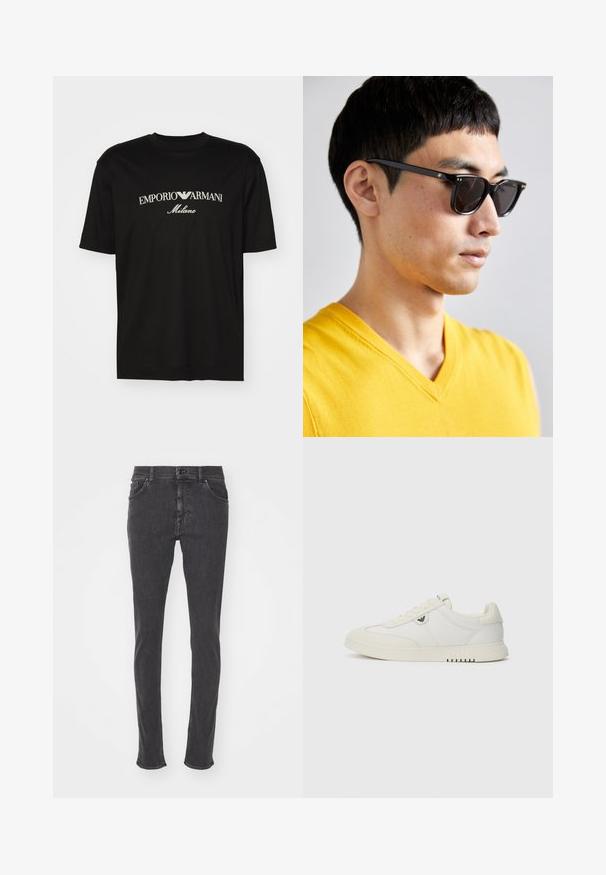 Musta puuvillapaita, jossa on pyöreä kaula-aukko, lyhyet hihat ja valkoinen "EMPORIO ARMANI" -logo, jonka yläpuolella on kaarevassa muodossa "Milano".; Musta deninifarkut, joissa on kapea istuvuus, viisi-taskuinen muotoilu ja kontrastiväriset tikkaus. Varustettu vetoketjulla ja napin suljennalla.; Matala valkoinen tennari, jossa on nauhakiristys, sileä pohja ja pieni metallinen logo sivussa, esitettynä yksinkertaista taustaa vasten.; Aurinkolasit, joissa on mustat kehykset ja tummat linssit. Huomiota herättäviä yksityiskohtia ovat pienet kultaiset korostukset saranassa ja suorakulmainen muoto.