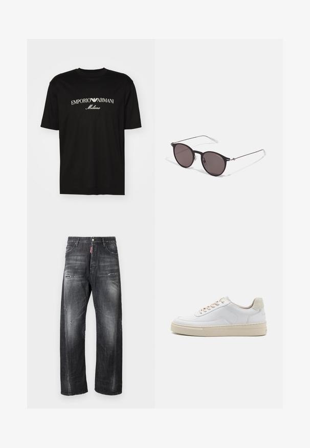 Crna pamučna majica s okruglim izrezom, kratkim rukavima i bijelim logotipom "EMPORIO ARMANI" iznad riječi "Milano" u zakrivljenom dizajnu.; Tamnosive traperice širokog kroja s oštećenjima na koljenima, kopčanjem na gumbe i crvenom oznakom s logotipom blizu struka.; Bijela tenisica s glatkom kožnom gornjom, bež vezicama i strukturiranom bež nubuk petom. Povišeni potplat za dodatnu visinu.; Crne okrugle sunčane naočale s tamnim staklima i tankim metalnim ručkama. Uključuju prozirne vrhove ručki i srebrne naglaske na šarkama. Minimalistički dizajn.