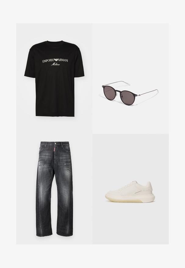 T-shirt en coton noir avec un col rond, des manches courtes et le logo "EMPORIO ARMANI" en blanc au-dessus de "Milano" dans un design incurvé.; Jean en denim gris foncé à coupe ample, avec des déchirures au niveau des genoux, une fermeture boutonnée et une étiquette logo rouge près de la ceinture.; Baskets blanches avec une tige en cuir lisse, un bout arrondi et une épaisse semelle en caoutchouc. Présentent des coutures minimales et un détail logo subtil sur le côté.; Lunettes de soleil noires rondes avec verres sombres et branches en métal fines. Comprend des embouts transparents et des accents argentés au niveau de la charnière. Design minimaliste.