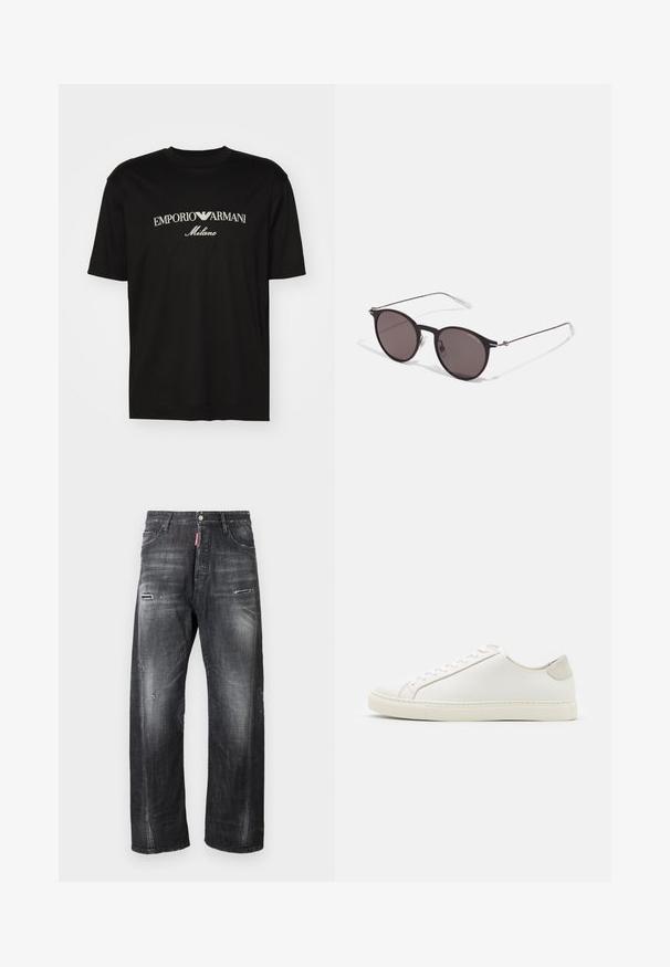 Black cotton T-shirt featuring a round neckline, short sleeves, and "EMPORIO ARMANI" logo in white above "Milano" in a curved design.; Dark gray denim jeans with a loose fit, featuring distressing at the knees, a button fly, and a red logo tag near the waistband.; White leather sneaker with a smooth surface, round toe, and minimalistic design. Features beige accents on the heel and a rubber sole.; Black round sunglasses with dark lenses and slim metal arms. Includes clear temple tips and silver accents at the hinge. Minimalist design.