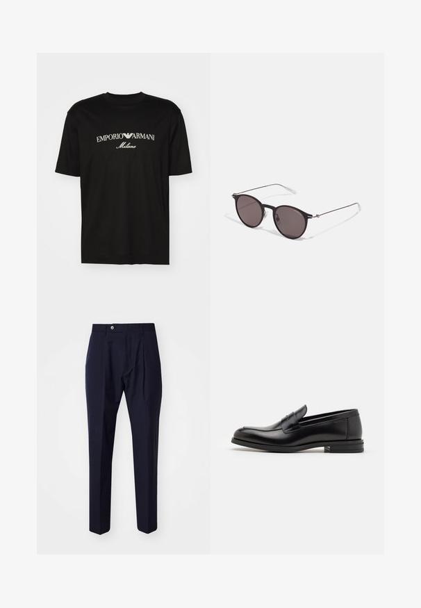 Zwarte katoenen T-shirt met een ronde halslijn, korte mouwen en het "EMPORIO ARMANI" logo in het wit boven "Milano" in een gebogen ontwerp.; Paul Smith TROUSER - Broek - grey; Zwarte leren instappers met een gladde textuur, ronde neus en een decoratieve band over de wreef. Lage, gestapelde hak en minimalistisch ontwerp.; Zwarte ronde zonnebril met donkere lenzen en slanke metalen armen. Inclusief heldere tempelpunten en zilveren accenten bij de scharnier. Minimalistisch ontwerp.