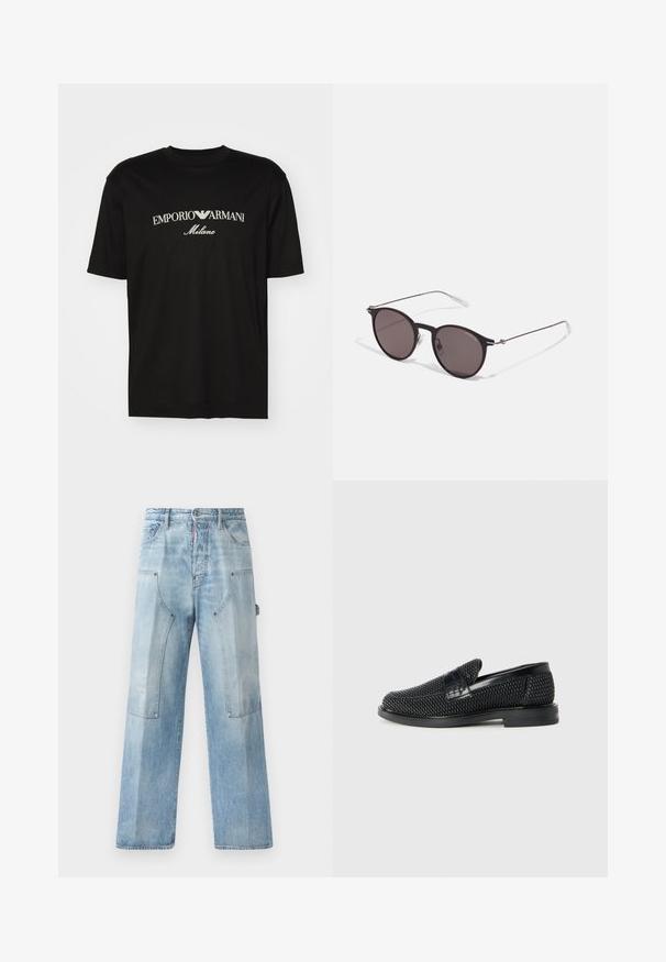 Musta puuvillapaita, jossa on pyöreä kaula-aukko, lyhyet hihat ja valkoinen "EMPORIO ARMANI" -logo, jonka yläpuolella on kaarevassa muodossa "Milano".; Vaaleansiniset farkut, joissa on leveä lahje ja haalistunut pinta, etutaskut ja erottuva ommel. Farkut ovat rentoa leikkausta ja niissä on vähän varusteita.; Musta kudottu liukupohjallinen kenka, jossa on sileä nahkakorostus päällisessä, pyöreä kärki ja matala kumipohja.; Musta pyöreä aurinkolasit tummilla linsseillä ja kapeilla metallikehyksillä. Sisältää kirkkaat temppelet ja hopeiset yksityiskohdat saranassa. Minimalistinen muotoilu.