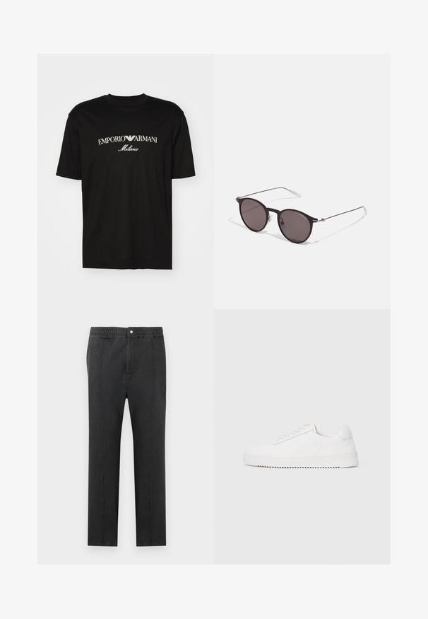 Black cotton T-shirt featuring a round neckline, short sleeves, and "EMPORIO ARMANI" logo in white above "Milano" in a curved design.; Black pants with an elastic waistband, flat front, two side pockets, and decorative stitching. No visible patterns or hardware details.; White sneaker with a smooth leather upper, rounded toe, laces, textured side accents, and a thick rubber sole. Minimalist design.; Black round sunglasses with dark lenses and slim metal arms. Includes clear temple tips and silver accents at the hinge. Minimalist design.