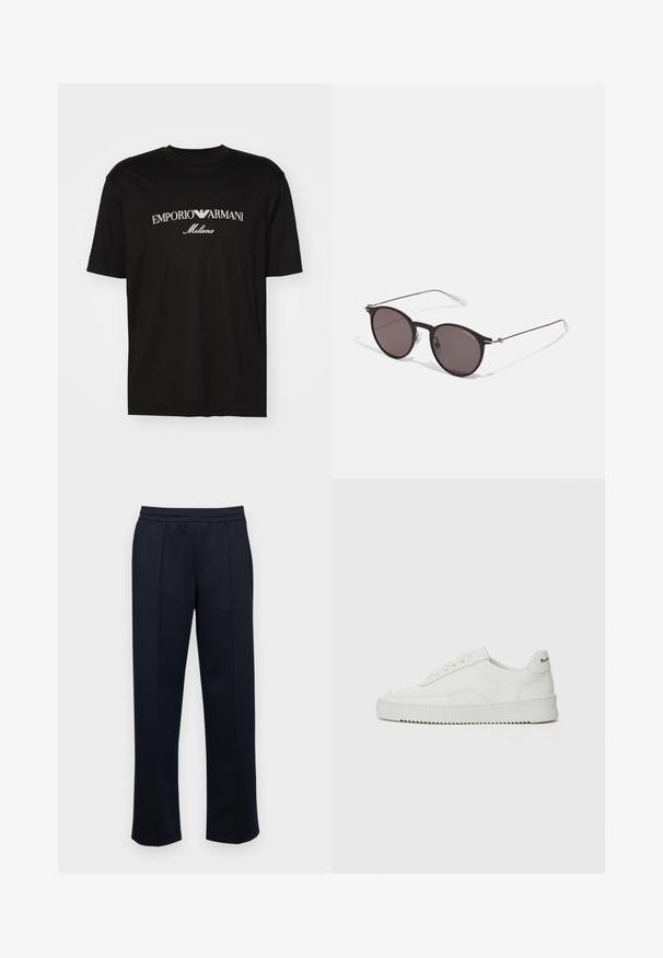 T-shirt de algodão preta com gola redonda, mangas curtas e o logo "EMPORIO ARMANI" em branco acima de "Milano" num design curvo.; Emporio Armani PANTALONI - Calças de fato de treino - blu navy; Sapatilha de couro branco com acabamento suave, bico redondo, atacadores planos e uma sola texturizada. Apresenta um logotipo discreto no calcanhar.; Óculos de sol redondos pretos com lentes escuras e hastes metálicas finas. Inclui pontas de templo transparentes e detalhes em prata na dobradiça. Design minimalista.