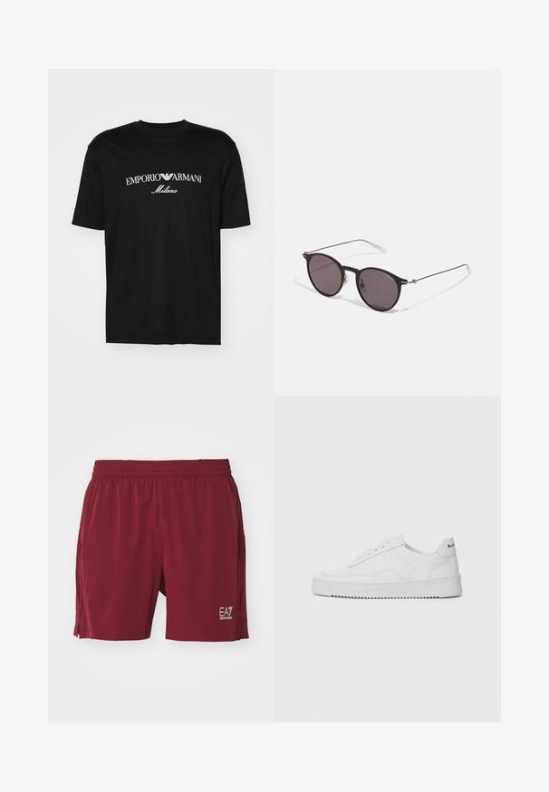 Schwarzes Baumwoll-T-Shirt mit Rundhalsausschnitt, kurzen Ärmeln und dem "EMPORIO ARMANI"-Logo in Weiß über dem geschwungenen Schriftzug "Milano".; EA7 Emporio Armani Kurze Sporthose - syrah; Weiße Ledersneaker mit glatter Oberfläche, runder Zehenpartie, flachen Schnürsenkeln und strukturiertem Sohlenprofil. Mit einem dezenten Logo an der Ferse.; Schwarze runde Sonnenbrille mit dunklen Gläsern und schlanken Metallbügeln. Enthält klare Tempelspitzen und silberne Akzente am Scharnier. Minimalistisches Design.