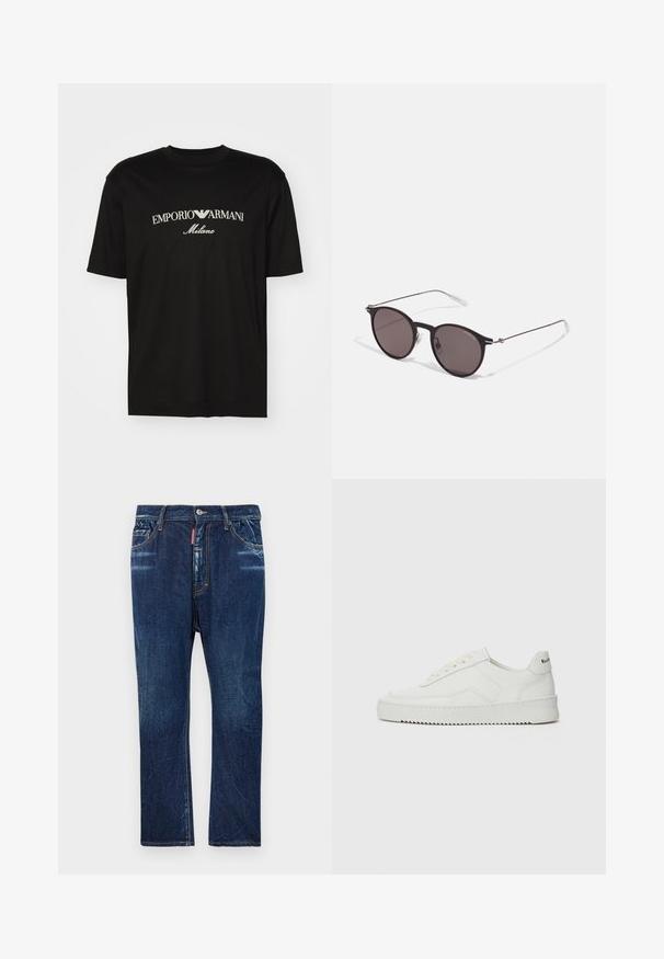 T-shirt de algodão preta com gola redonda, mangas curtas e o logo "EMPORIO ARMANI" em branco acima de "Milano" num design curvo.; Jeans de denim azul escuro com um corte reto, apresentando um desbotamento leve, costura amarela, bolsos frontais e fecho com botão.; Sapatilha de couro branco com acabamento suave, bico redondo, atacadores planos e uma sola texturizada. Apresenta um logotipo discreto no calcanhar.; Óculos de sol redondos pretos com lentes escuras e hastes metálicas finas. Inclui pontas de templo transparentes e detalhes em prata na dobradiça. Design minimalista.