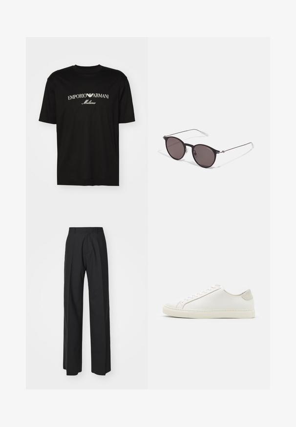 Schwarzes Baumwoll-T-Shirt mit Rundhalsausschnitt, kurzen Ärmeln und dem "EMPORIO ARMANI"-Logo in Weiß über dem geschwungenen Schriftzug "Milano".; DSQUARED2 ICON ICON PANT - Stoffhose - black; Weiße Leder Sneakers mit glatter Oberfläche, runder Zehenform und minimalistischem Design. Mit beigen Akzenten an der Ferse und einer Gummisohle.; Schwarze runde Sonnenbrille mit dunklen Gläsern und schlanken Metallbügeln. Enthält klare Tempelspitzen und silberne Akzente am Scharnier. Minimalistisches Design.