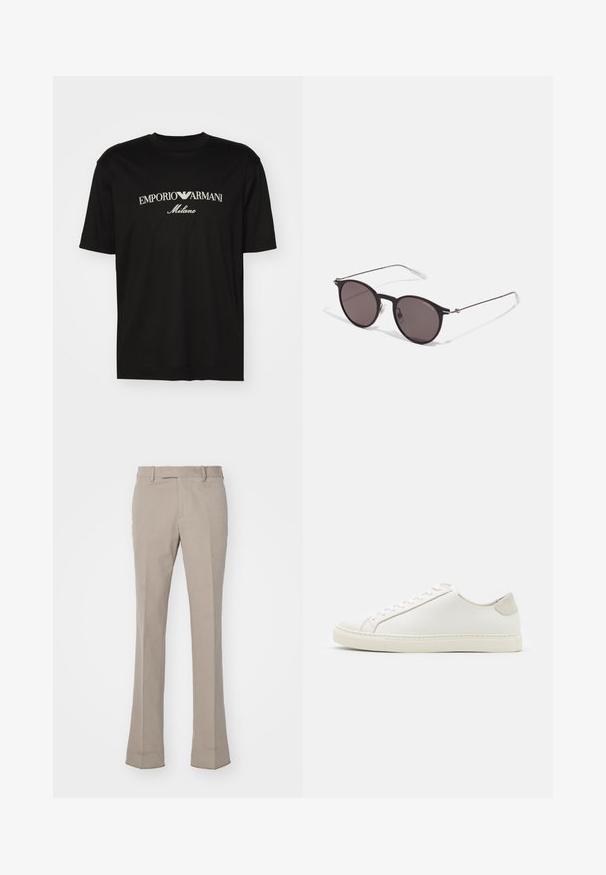 Camiseta de algodón negra con cuello redondo, mangas cortas y el logo de "EMPORIO ARMANI" en blanco sobre "Milano" en un diseño curvado.; Pantalones beige claros con un diseño de pierna recta, fabricados en una tela suave. Presentan una cinturilla con pasadores para cinturón y costuras limpias y ajustadas.; Zapatilla blanca de cuero con una superficie suave, punta redonda y diseño minimalista. Presenta acentos en beige en el talón y una suela de goma.; Gafas de sol redondas negras con lentes oscuros y brazos metálicos delgados. Incluye puntas de varilla transparentes y acentos plateados en la bisagra. Diseño minimalista.
