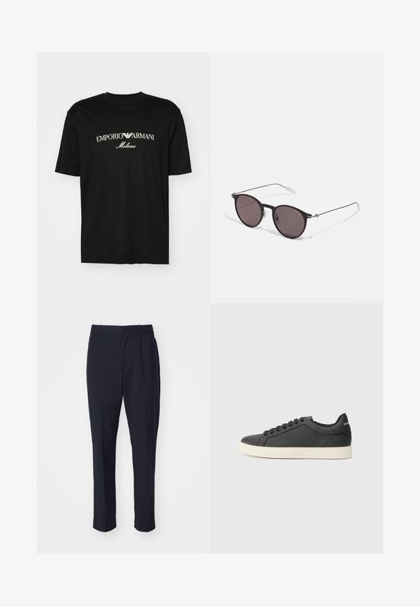 Zwarte katoenen T-shirt met een ronde halslijn, korte mouwen en het "EMPORIO ARMANI" logo in het wit boven "Milano" in een gebogen ontwerp.; Navyblauwe broek met een gladde textuur, elastische tailleband en taps toelopend ontwerp. Heeft geen zichtbare zakken of versieringen.; Zwarte leren sneaker met een laag profiel, ronde neus en vetersluiting; beschikt over een getextureerde rubberen zool en logo-detail op de hiel.; Zwarte ronde zonnebril met donkere lenzen en slanke metalen armen. Inclusief heldere tempelpunten en zilveren accenten bij de scharnier. Minimalistisch ontwerp.