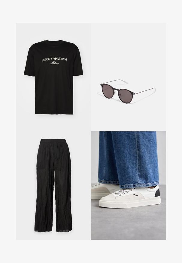 Černé bavlněné tričko s kulatým výstřihem, krátkými rukávy a logem "EMPORIO ARMANI" v bílém nad nápisem "Milano" v zakřiveném provedení.; Černé plátěné kalhoty s wide-leg střihem a strukturovaným povrchem. Mají elastický pas a jemné sklady.; Bílé a černé tenisky s hladkým koženým svrškem, texturovanými akcenty a robustní bílou podešví. Mají klasický design se šněrováním.; Černé kulaté sluneční brýle s tmavými skly a tenkými kovovými nohami. Obsahují průhledné koncovky nožiček a stříbrné akcenty na pantu. Minimalistický design.