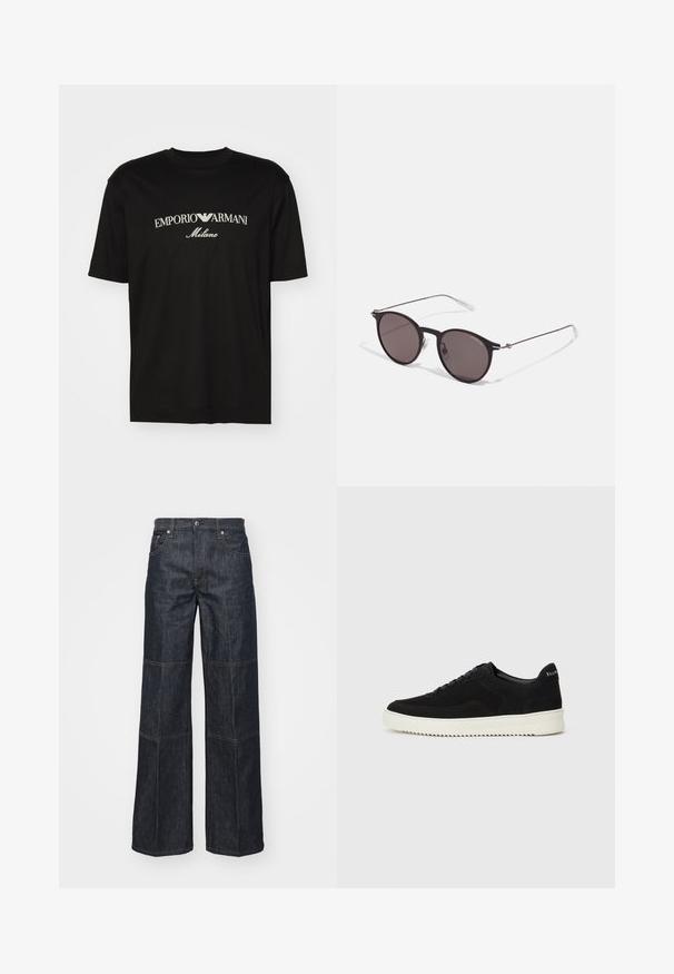 Crna pamučna majica s okruglim izrezom, kratkim rukavima i bijelim logotipom "EMPORIO ARMANI" iznad riječi "Milano" u zakrivljenom dizajnu.; Helmut Lang CARPENTER - Traperice opuštenog kroja - raw indigo; Crne nubuk tenisice s vezanjem i kontrastnom bijelom gumenom potplatom. Imaju teksturirane bočne panele i suptilno brendiranje na peti.; Crne okrugle sunčane naočale s tamnim staklima i tankim metalnim ručkama. Uključuju prozirne vrhove ručki i srebrne naglaske na šarkama. Minimalistički dizajn.