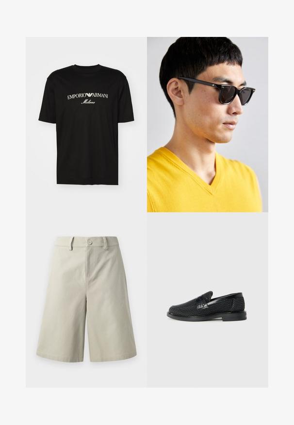 Svart bomulls T-skjorte med rund hals, korte ermer og "EMPORIO ARMANI" logo i hvitt over "Milano" i en buet design.; Lys beige shorts laget av bomull, med rett snitt, frontlommer, knappelukking og en glatt tekstur.; Sorte vevde slip-on sko med en glatt lærdetalj på overdelen, design med rund tå og en lavprofil gummisåle.; Solsikker med svarte rammer og mørke linser. Merkbare detaljer inkluderer små gullaksenter på hengslene og en rektangulær form.