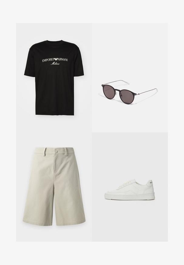T-shirt de algodão preta com gola redonda, mangas curtas e o logo "EMPORIO ARMANI" em branco acima de "Milano" num design curvo.; Calções bejes claros feitos de algodão, com corte reto, bolsos frontais, fecho com botão e uma textura suave.; Sapatilha de couro branco com acabamento suave, bico redondo, atacadores planos e uma sola texturizada. Apresenta um logotipo discreto no calcanhar.; Óculos de sol redondos pretos com lentes escuras e hastes metálicas finas. Inclui pontas de templo transparentes e detalhes em prata na dobradiça. Design minimalista.