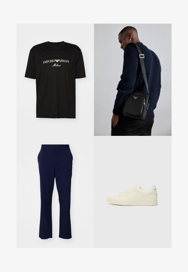 T-shirt in cotone nero con scollatura rotonda, maniche corte e logo "EMPORIO ARMANI" in bianco sopra "Milano" in una disposizione curva.; Pantaloni blu navy con design a gamba dritta. Realizzati in un tessuto liscio, presentano una chiusura con bottone e due tasche laterali.; Sneakers bianchi in pelle con design minimalista, tomaia testurizzata e punta arrotondata. Presentano una suola in gomma e un branding discreto sul tallone.; Borsa a tracolla in pelle nera con un scomparto con zip, dettaglio del logo e una tracolla regolabile con branding. Indossata sopra un maglione blu navy a trama.