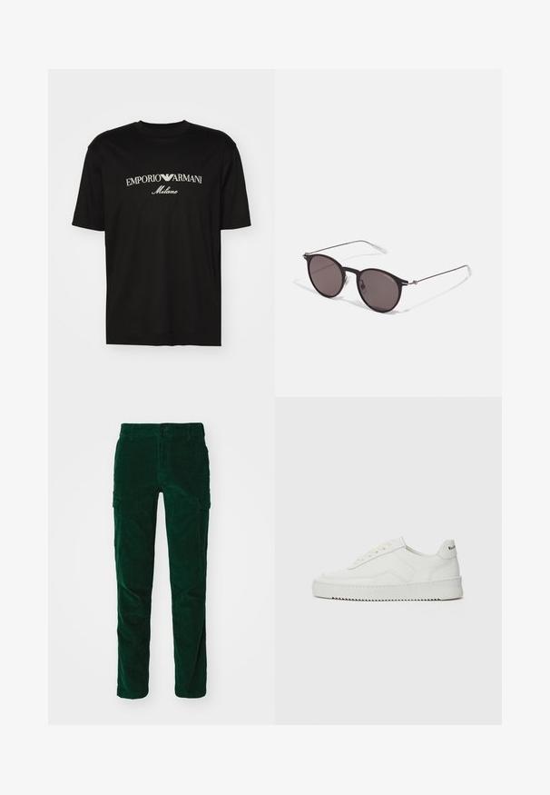 Black cotton T-shirt featuring a round neckline, short sleeves, and "EMPORIO ARMANI" logo in white above "Milano" in a curved design.; DOCKERS SLIM TAPERED - Cargo trousers - deep forest; White leather sneaker with a smooth finish, round toe, flat laces, and a textured sole. Features a subtle logo on the heel.; Black round sunglasses with dark lenses and slim metal arms. Includes clear temple tips and silver accents at the hinge. Minimalist design.