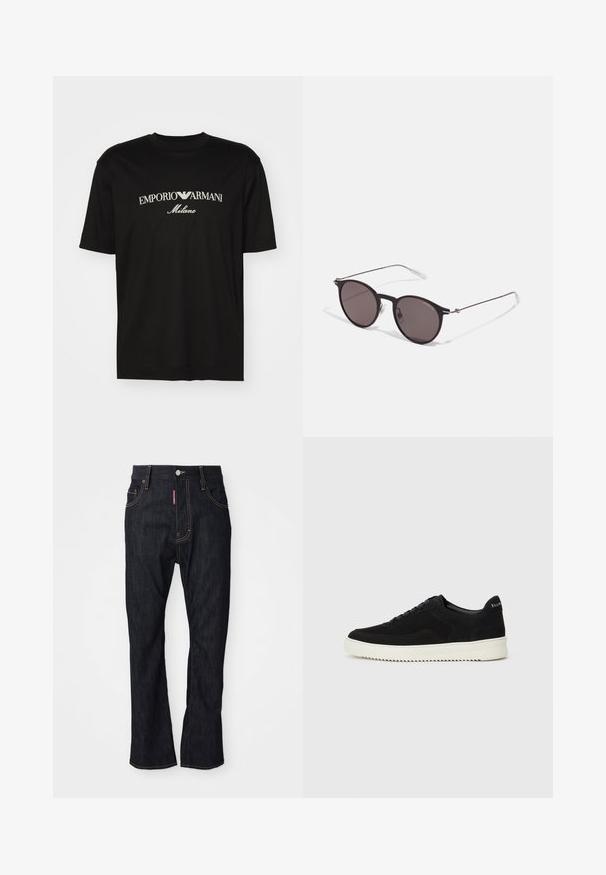 T-shirt de algodão preta com gola redonda, mangas curtas e o logo "EMPORIO ARMANI" em branco acima de "Milano" num design curvo.; Jeans de perna reta azul-escuro com costura amarela, botão frontal, fecho de correr e etiqueta vermelha na borda do bolso direito.; Sapatilhas de camurça pretas com design de atacadores e sola de borracha branca em contraste. Apresenta painéis laterais texturizados e uma marcação discreta no calcanhar.; Óculos de sol redondos pretos com lentes escuras e hastes metálicas finas. Inclui pontas de templo transparentes e detalhes em prata na dobradiça. Design minimalista.
