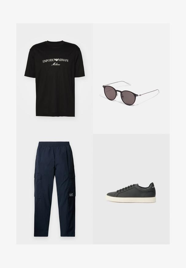 Svart bomulls T-skjorte med rund hals, korte ermer og "EMPORIO ARMANI" logo i hvitt over "Milano" i en buet design.; Marineblå cargo-bukser med elastisk linning, to sidelommer og en cargo-lomme. Lavet af let, struktureret materiale. EA7-logoet er vist.; Svart skinnsneaker med lav profil, rund tå og snøring; har en teksturert gummisåle og logo-detalj på hælen.; Sorte, runde solbriller med mørke linser og slanke metalarmer. Inkluderer klare temple tips og sølvfargede detaljer ved hengslet. Minimalistisk design.