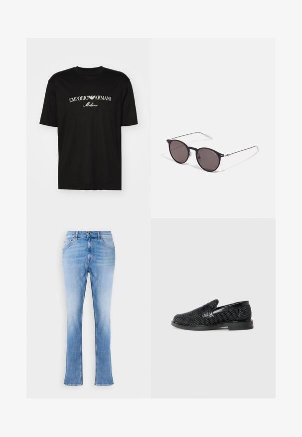 Svart bomulls T-skjorte med rund hals, korte ermer og "EMPORIO ARMANI" logo i hvitt over "Milano" i en buet design.; Lys blå denimjeans med rette ben og lett utvidede anklene. Har klassisk fem-lommers design og lukking med messingknapp.; Sorte vevde slip-on sko med en glatt lærdetalj på overdelen, design med rund tå og en lavprofil gummisåle.; Sorte, runde solbriller med mørke linser og slanke metalarmer. Inkluderer klare temple tips og sølvfargede detaljer ved hengslet. Minimalistisk design.