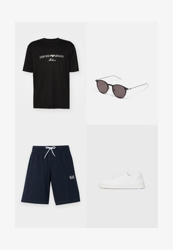 T-shirt de algodão preta com gola redonda, mangas curtas e o logo "EMPORIO ARMANI" em branco acima de "Milano" num design curvo.; Calções azul marinho feitos de tecido suave, com uma cintura elástica e cordão branco. Apresenta um pequeno logótipo branco no canto inferior esquerdo.; Sapatilha branca com um cabedal de couro suave, bico arredondado, atacadores, detalhes texturizados nas laterais e uma sola de borracha grossa. Design minimalista.; Óculos de sol redondos pretos com lentes escuras e hastes metálicas finas. Inclui pontas de templo transparentes e detalhes em prata na dobradiça. Design minimalista.