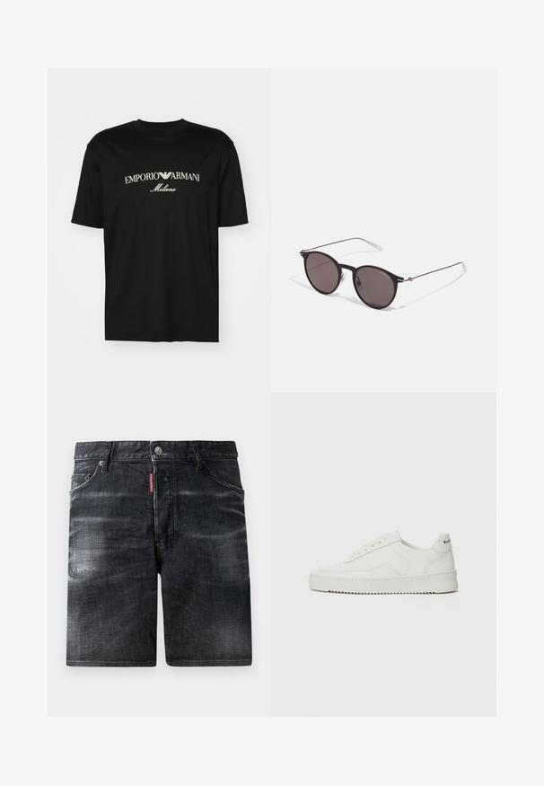 Must must T-särk, millel on ümmargune kaelus, lühikesed варст и väljend "EMPORIO ARMANI" valgete tähtedega, mille all on kõveras kujunduses sõna "Milano".; Mustad denimpüksid pleekinud disainiga, viis taskut, metallist nööbiga kinnitamine. Omab nähtavat bränditagi vööl.; Valge nahast tennis, millel on sile põhi, ümar varvas, lamedad nöörid ja tekstuuriline tall. Sisaldab diskreetset logo kontsaribal.; Mustad mustad prillid tumedate läätsedega ja õhukeste metallist käepidemetega. Kaarja kujuga seljaosa ja hõbedased aktsendid hingel. Minimalistlik disain.