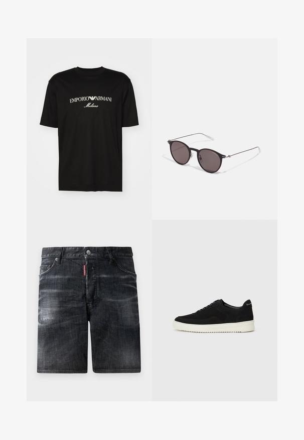 Black cotton T-shirt featuring a round neckline, short sleeves, and "EMPORIO ARMANI" logo in white above "Milano" in a curved design.; Black denim shorts with a faded design, five-pocket style, and a metal button closure. Features a visible brand label on the waistband.; Black suede sneaker with lace-up design and contrasting white rubber sole. Features textured side panels and subtle branding on the heel.; Black round sunglasses with dark lenses and slim metal arms. Includes clear temple tips and silver accents at the hinge. Minimalist design.
