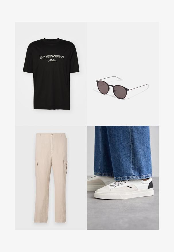 Črna bombažna majica s krožnim izrezom, kratkimi rokavi in logotipom "EMPORIO ARMANI" v beli barvi nad napisom "Milano" v ukrivljenem oblikovanju.; Bež rastezljive hlače iz lanenega materiala z dvema stranskima žepoma, sprednjim gumbnim zapiranjem in ravnim krojem z gladko teksturo.; Bela in črna športna obuvala z gladkim usnjenim zgornjim delom, teksturiranimi detajli in masivnim belim podplatom. Imajo klasičen dizajn z vezalkami.; Črne okrogla sončna očala s temnimi lečami in tankimi kovinskimi ročaji. Vključujejo prosojne konec ročajev in srebrne poudarke na tečaju. Minimalističen dizajn.
