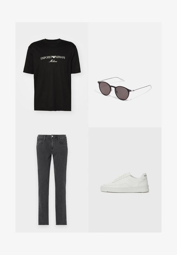 Camiseta de algodón negra con cuello redondo, mangas cortas y el logo de "EMPORIO ARMANI" en blanco sobre "Milano" en un diseño curvado.; Jeans de denim negro con un diseño de pierna recta, que cuentan con bolsillos frontales, una bragueta con botón y un acabado suave, ligeramente texturizado.; Zapatilla de cuero blanca con un acabado suave, puntera redonda, cordones planos y suela texturizada. Cuenta con un sutil logo en el talón.; Gafas de sol redondas negras con lentes oscuros y brazos metálicos delgados. Incluye puntas de varilla transparentes y acentos plateados en la bisagra. Diseño minimalista.