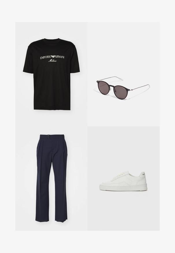 Zwarte katoenen T-shirt met een ronde halslijn, korte mouwen en het "EMPORIO ARMANI" logo in het wit boven "Milano" in een gebogen ontwerp.; Paul Smith TROUSER - Broek - grey; Witte leren sneaker met een gladde afwerking, ronde neus, platte veters en een gestructureerde zool. Kenmerkt zich door een subtiel logo op de hiel.; Zwarte ronde zonnebril met donkere lenzen en slanke metalen armen. Inclusief heldere tempelpunten en zilveren accenten bij de scharnier. Minimalistisch ontwerp.