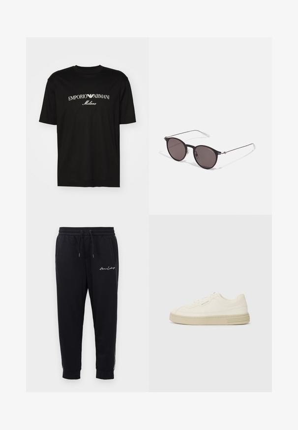 Zwarte katoenen T-shirt met een ronde halslijn, korte mouwen en het "EMPORIO ARMANI" logo in het wit boven "Milano" in een gebogen ontwerp.; Zwarte sweatpants van zachte stof met een elastische tailleband en een koord, voorzien van een geborduurd logo en ritszakken.; Witte canvas sneakers met een gestructureerde rubberen zool, featuring een gestikte neuskap en logo-accent op de hak. Eenvoudig vetersluiting ontwerp.; Zwarte ronde zonnebril met donkere lenzen en slanke metalen armen. Inclusief heldere tempelpunten en zilveren accenten bij de scharnier. Minimalistisch ontwerp.