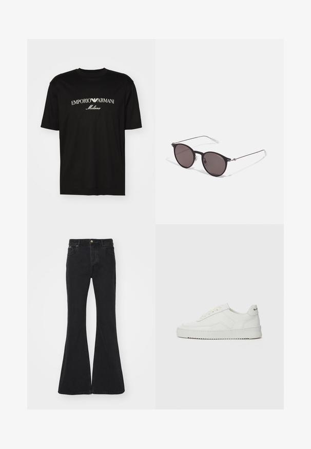 Černé bavlněné tričko s kulatým výstřihem, krátkými rukávy a logem "EMPORIO ARMANI" v bílém nad nápisem "Milano" v zakřiveném provedení.; EYTYS CYRUS RAVEN - Široké džíny - black; Bílé kožené tenisky s hladkým povrchem, kulatou špičkou, plochými tkaničkami a texturovanou podrážkou. Na patě se nachází nenápadné logo.; Černé kulaté sluneční brýle s tmavými skly a tenkými kovovými nohami. Obsahují průhledné koncovky nožiček a stříbrné akcenty na pantu. Minimalistický design.