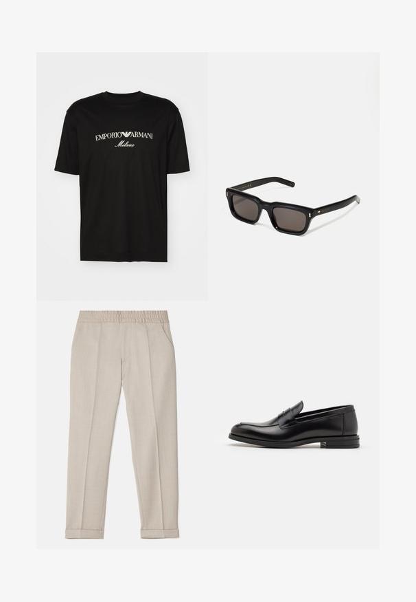 Must must T-särk, millel on ümmargune kaelus, lühikesed варст и väljend "EMPORIO ARMANI" valgete tähtedega, mille all on kõveras kujunduses sõna "Milano".; Filippa K TERRY CROPPED TROUSERS - Püksid - sage melange; Mustad mustad nahast loafers sileda tekstuuriga, ümarat ninaosa ja dekoratiivne riba vampi üle. Madal kihiline konts, minimalistlik disain.; Mustad mustakorruselised prillid tumedate läätsedega, paks plastikraam, kuldsed aksendid templites ning kaubamärgi logo graveeritud käe lilla.