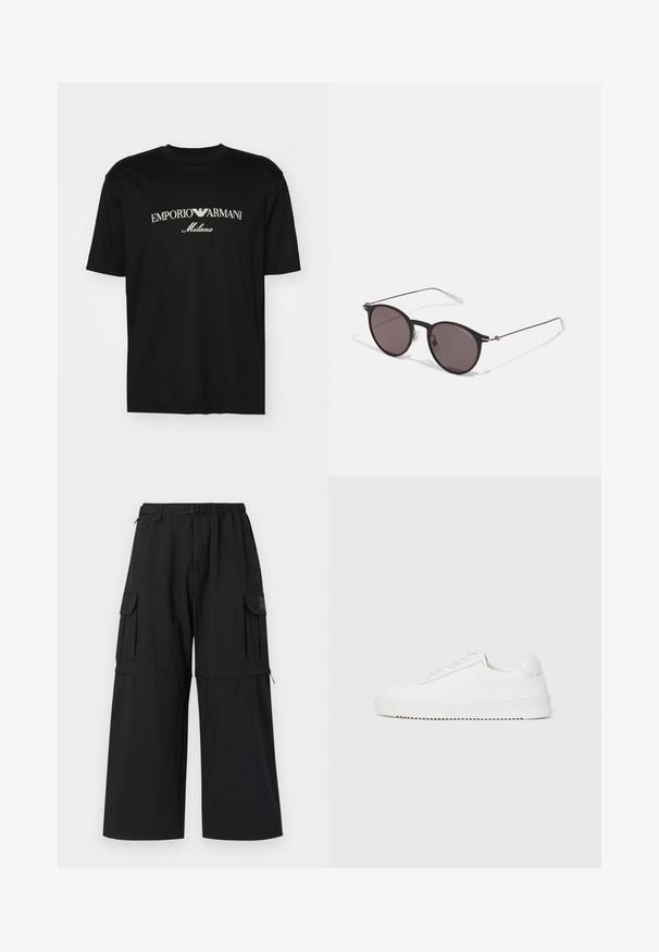 Crna pamučna majica s okruglim izrezom, kratkim rukavima i bijelim logotipom "EMPORIO ARMANI" iznad riječi "Milano" u zakrivljenom dizajnu.; Crne cargo hlače širokih nogavica, s elastičnim pojasom i višestrukim bočnim džepovima. Izrađene od laganog materijala s glatkom teksturom.; Bijela tenisica s glatkim kožnim gornjim dijelom, okruglim vrhom, vezicama, teksturiranim bočnim detaljima i debelim gumeni potplat. Minimalistički dizajn.; Crne okrugle sunčane naočale s tamnim staklima i tankim metalnim ručkama. Uključuju prozirne vrhove ručki i srebrne naglaske na šarkama. Minimalistički dizajn.