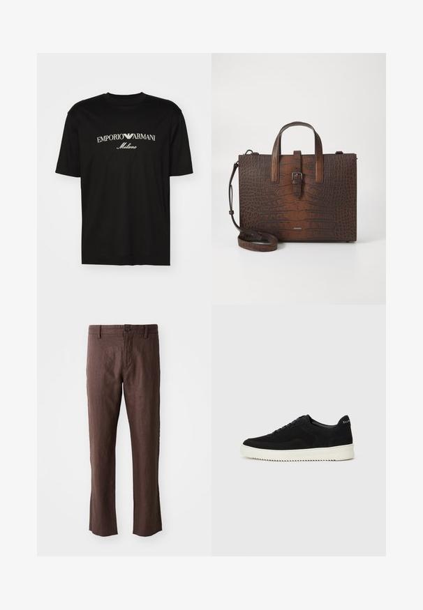 Camiseta de algodón negra con cuello redondo, mangas cortas y el logo de "EMPORIO ARMANI" en blanco sobre "Milano" en un diseño curvado.; Pantalones de lino marrón con una textura suave, que presentan un corte recto, bolsillos frontales, trabillas para cinturón y un cierre de botón simple en la cintura.; Zapatilla de ante negra con diseño de cordones y suela de goma blanca contrastante. Presenta paneles laterales texturizados y un sutil logo en el talón.; Bolso de mano de cuero marrón con estampado de cocodrilo, con asas superiores y correa de hombro desmontable. Presenta un cierre de hebilla y forma rectangular.