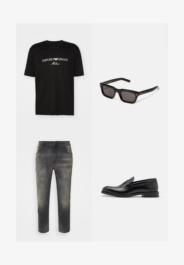 Čierne bavlnené tričko s okrúhlym výstrihom, krátkymi rukávmi a bielym logom "EMPORIO ARMANI" nad textom "Milano" v zakrivenej línii.; Tmavohnedé rifle so vybledlým povrchom, rovný strih, päť vreciek a predné zapínanie na gombík. Bavlnená denimová látka, jemná textúra.; Čierne kožené mokasíny s hladkou textúrou, zaoblenou špičkou a dekoračným pásikom cez priehlavok. Nízky vrstvený opätok, minimalistický dizajn.; Čierne obdĺžnikové slnečné okuliare s tmavými sklami, hrubým plastovým rámom, zlatými detailami na spánkoch a vygravírovaným logom značky na ramene.