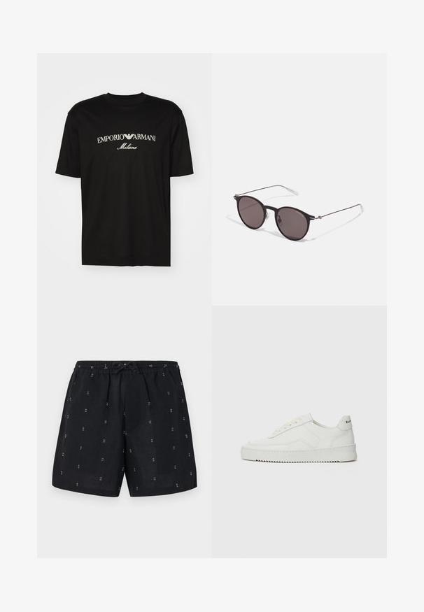 Čierne bavlnené tričko s okrúhlym výstrihom, krátkymi rukávmi a bielym logom "EMPORIO ARMANI" nad textom "Milano" v zakrivenej línii.; Čierne ľanové šortky s elastickým pásom a šnúrkou. Obsahujú malé biele geometrické vzory po celom materiáli.; Biele kožené tenisky s hladkým povrchom, okrúly špičkový dizajn, ploché šnúrky a textúrovaná podrážka. Obsahujú jemné logo na päte.; Čierne okrúhle slnečné okuliare s tmavými sklami a tenkými kovovými ramenami. Obsahujú priehľadné konce rámov a strieborné akcenty na pántoch. Minimalistický dizajn.