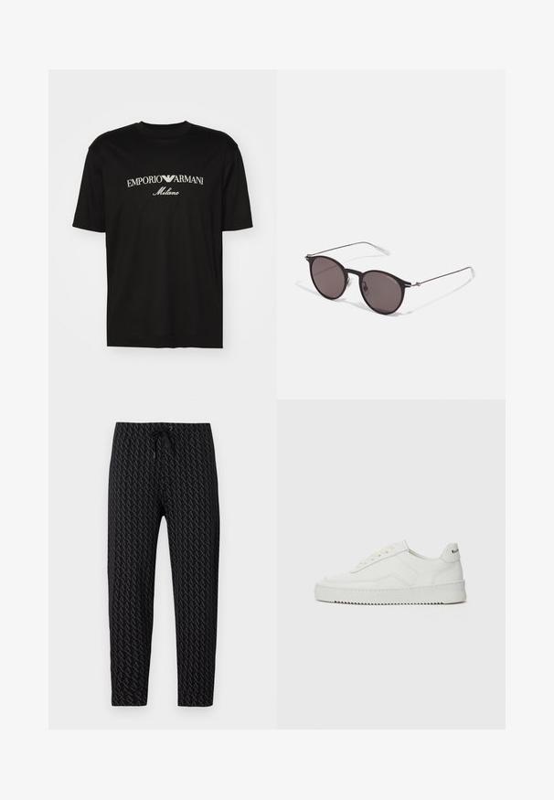 Sort bomulds T-shirt med rund halsudskæring, korte ærmer og "EMPORIO ARMANI" logo i hvid over "Milano" i et buet design.; Armani Exchange TROUSER - Træningsbukser - black; Hvide lædersneakers med en glat overflade, rund tå, flade snørebånd og en tekstureret sål. Har et diskret logo på hælen.; Sorte runde solbriller med mørke linser og slanke metalarme. Inkluderer klare tempeltips og sølvdetaljer ved hængslet. Minimalistisk design.
