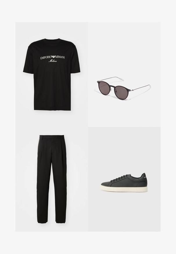 T-shirt in cotone nero con scollatura rotonda, maniche corte e logo "EMPORIO ARMANI" in bianco sopra "Milano" in una disposizione curva.; Pantaloni neri su misura con un design a gamba dritta, caratterizzati da un davanti piatto e una texture di tessuto liscio e tessuto.; Sneaker in pelle nera con profilo basso, punta tondeggiante e chiusura stringata; presenta una suola in gomma testurizzata e dettaglio del logo sul tallone.; Occhiali da sole neri rotondi con lenti scure e sottili bracci in metallo. Include punte trasparenti e accenti argentati alla cerniera. Design minimalista.