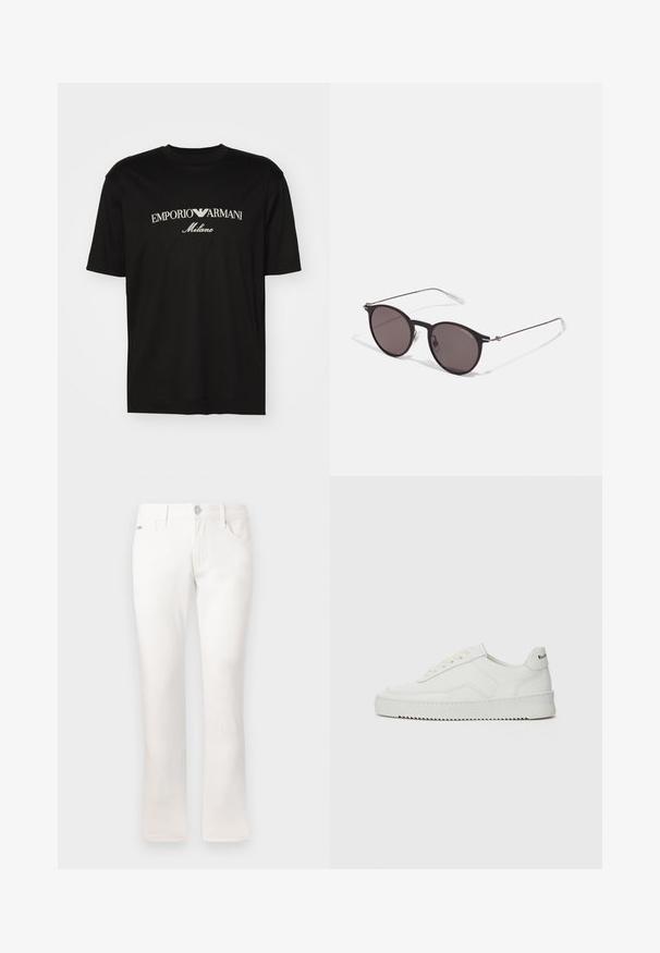 T-shirt de algodão preta com gola redonda, mangas curtas e o logo "EMPORIO ARMANI" em branco acima de "Milano" num design curvo.; Jeans brancos com um corte slim, feitos de tecido de algodão. Apresentam cinco bolsos, um fecho de botão metálico e um detalhe de costura subtil.; Sapatilha de couro branco com acabamento suave, bico redondo, atacadores planos e uma sola texturizada. Apresenta um logotipo discreto no calcanhar.; Óculos de sol redondos pretos com lentes escuras e hastes metálicas finas. Inclui pontas de templo transparentes e detalhes em prata na dobradiça. Design minimalista.