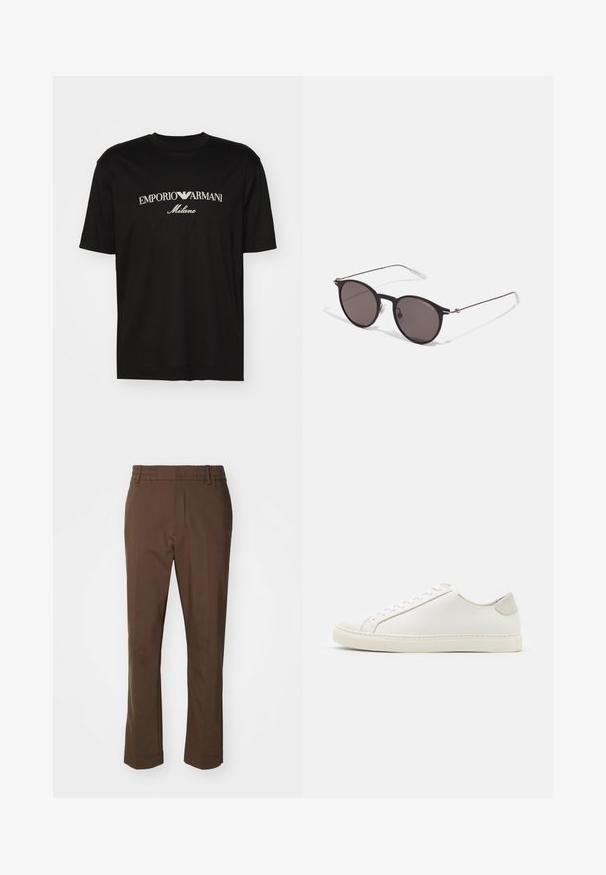 Zwarte katoenen T-shirt met een ronde halslijn, korte mouwen en het "EMPORIO ARMANI" logo in het wit boven "Milano" in een gebogen ontwerp.; NN.07 BILLIE - Broek - brown; Witte leren sneaker met een gladde oppervlakte, ronde neus en minimalistisch ontwerp. Heeft beige accenten op de hiel en een rubberen zool.; Zwarte ronde zonnebril met donkere lenzen en slanke metalen armen. Inclusief heldere tempelpunten en zilveren accenten bij de scharnier. Minimalistisch ontwerp.