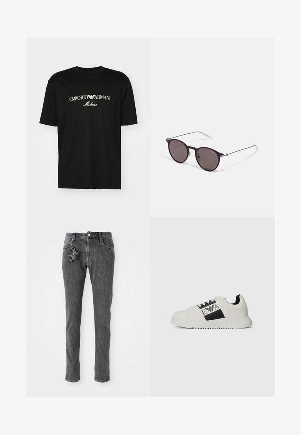Czarny bawełniany T-shirt z okrągłym dekoltem, krótkimi rękawami oraz białym logo "EMPORIO ARMANI" nad napisem "Milano" w zakrzywionym kształcie.; Czarne dżinsy o slim fit, z przodem zapinanym na guzik, pięcioma kieszeniami oraz małym detalem w postaci breloka na lewej kieszeni.; Białe sneakersy z czarnym logo i akcentami, górna część z gładkiej skóry, okrągły czubek, teksturowana podeszwa oraz kontrastowy czarny detal na pięcie.; Czarne okrągłe okulary przeciwsłoneczne z ciemnymi soczewkami i smukłymi metalowymi ramkami. Zawierają przezroczyste końcówki zauszników oraz srebrne akcenty przy zawiasie. Minimalistyczny design.