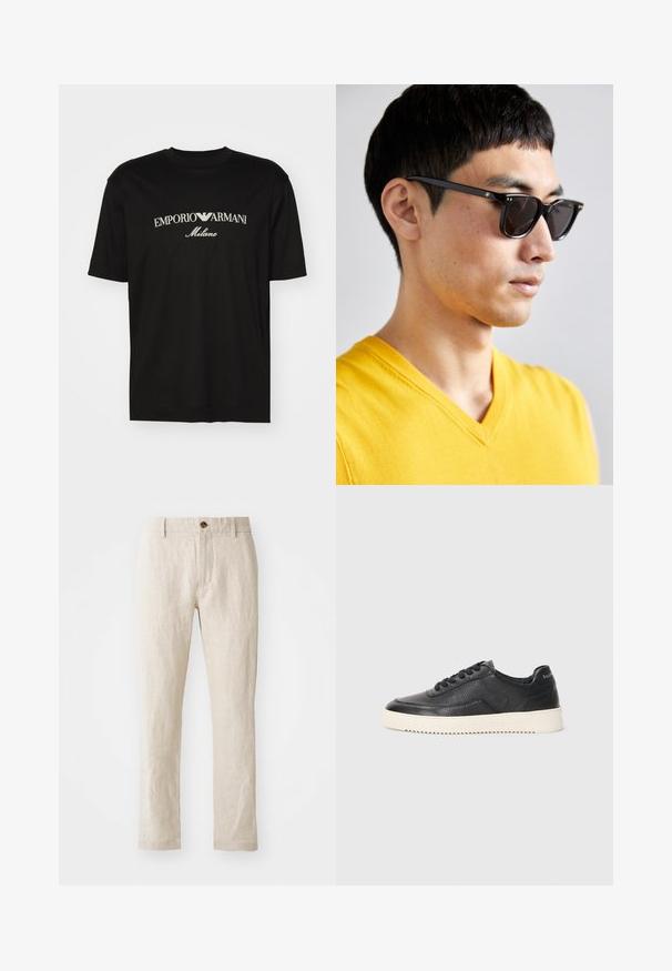 T-shirt de algodão preta com gola redonda, mangas curtas e o logo "EMPORIO ARMANI" em branco acima de "Milano" num design curvo.; Calças de linho bege com um corte slim, apresentando um fecho com um único botão castanho, pernas retas e um acabamento de tecido texturizado.; Sapatilha em couro preto com acabamento texturizado, biqueira redonda e sola plana de borracha branca. Apresenta atacadores pretos e uma marca na parte de trás.; Óculos de sol com armação preta e lentes escuras. Detalhes notáveis incluem pequenos acabamentos em dourado nas dobradiças e um formato retangular.