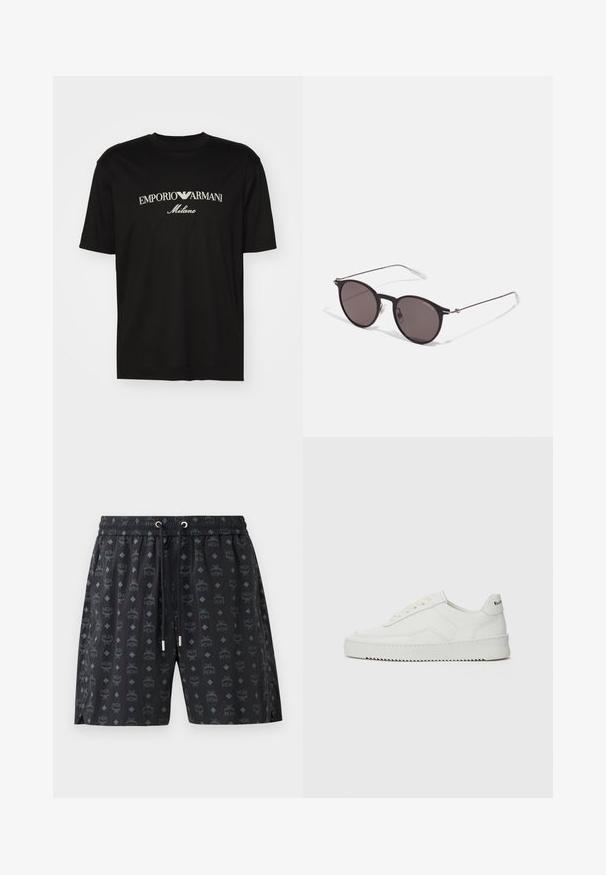 T-shirt de algodão preta com gola redonda, mangas curtas e o logo "EMPORIO ARMANI" em branco acima de "Milano" num design curvo.; Calções de banho pretos com um padrão de logótipos repetidos e formas de diamante. Feitos de material leve, com cintura elástica e cordão.; Sapatilha de couro branco com acabamento suave, bico redondo, atacadores planos e uma sola texturizada. Apresenta um logotipo discreto no calcanhar.; Óculos de sol redondos pretos com lentes escuras e hastes metálicas finas. Inclui pontas de templo transparentes e detalhes em prata na dobradiça. Design minimalista.