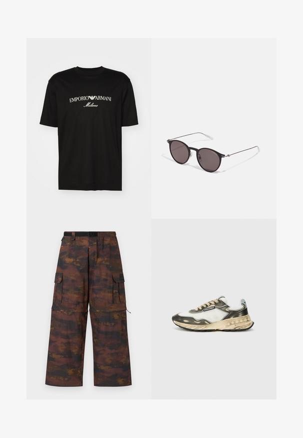 Zwarte katoenen T-shirt met een ronde halslijn, korte mouwen en het "EMPORIO ARMANI" logo in het wit boven "Milano" in een gebogen ontwerp.; Cargobroeken in een bruine, gebreide stof met een vervaagd, abstract patroon. Kenmerken zijn wijde benen, een elastische tailleband en meerdere zakken.; Sportieve sneaker met een wit gaas en grijs lederen bovenwerk, beige veters, zwarte rubberen zool en gelaagd ontwerp met textuuraccenten.; Zwarte ronde zonnebril met donkere lenzen en slanke metalen armen. Inclusief heldere tempelpunten en zilveren accenten bij de scharnier. Minimalistisch ontwerp.