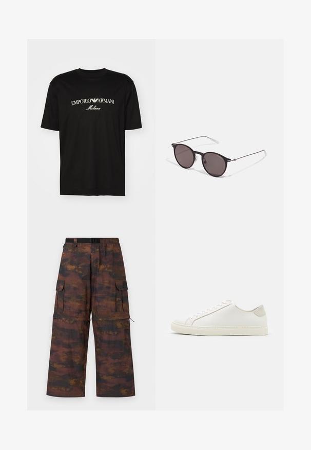Černé bavlněné tričko s kulatým výstřihem, krátkými rukávy a logem "EMPORIO ARMANI" v bílém nad nápisem "Milano" v zakřiveném provedení.; Cargo kalhoty v hnědé, strukturované látce s vybledlým, abstraktním vzorem. Mají široké nohavice, elastický pas a několik kapes.; Bílé kožené tenisky s hladkým povrchem, kulatou špičkou a minimalistickým designem. Disponují béžovými akcenty na patě a gumovou podešví.; Černé kulaté sluneční brýle s tmavými skly a tenkými kovovými nohami. Obsahují průhledné koncovky nožiček a stříbrné akcenty na pantu. Minimalistický design.